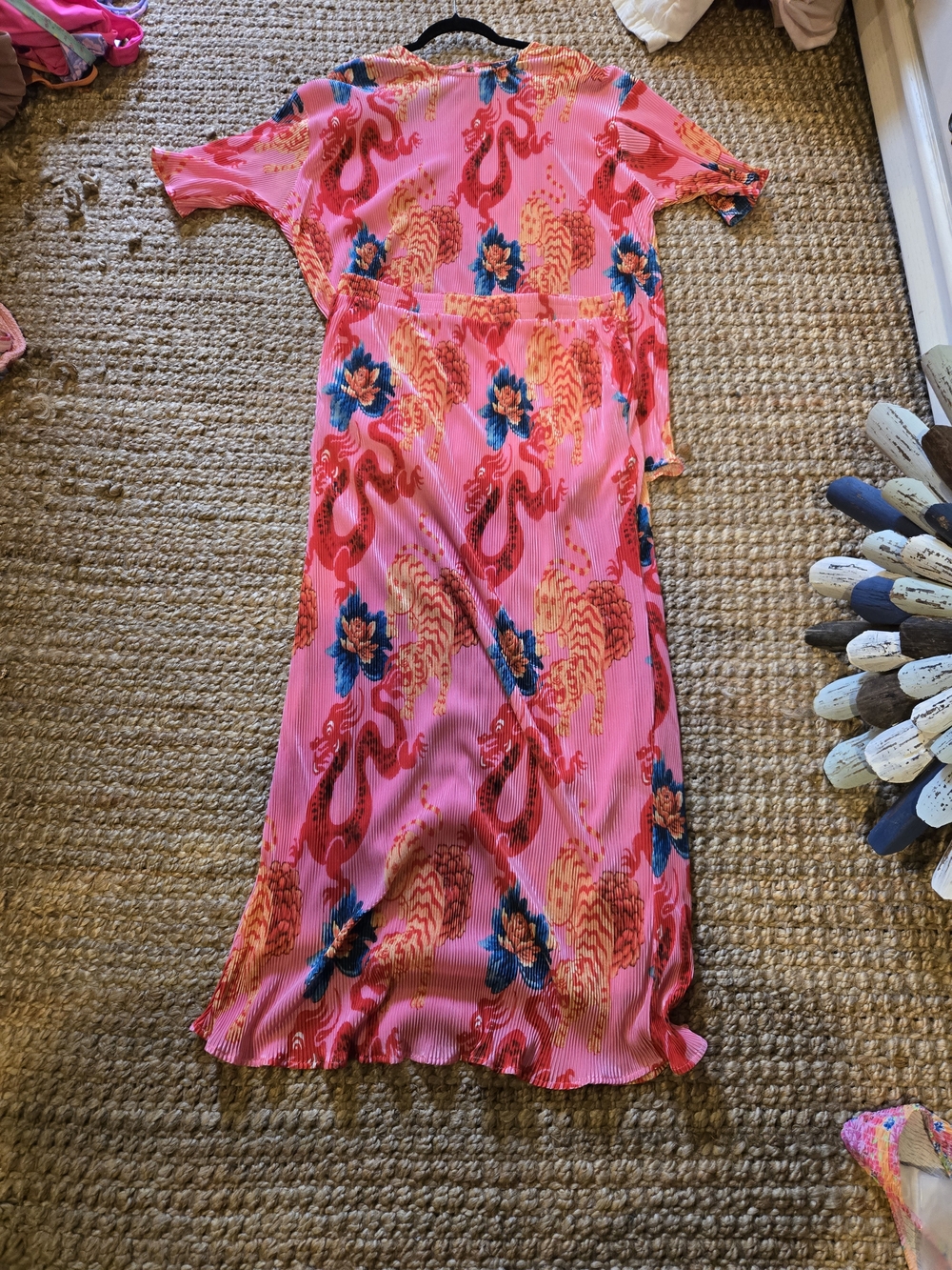 Dressed in LALA Pink Floral & Red Dragon Print Skirt And Top Set